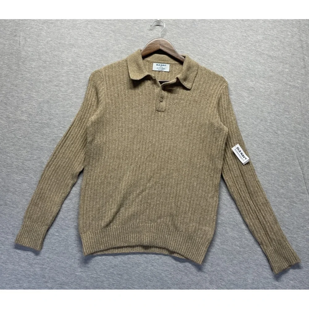 Old Navy Polo Sweater Boys Large (10-12) Beige Cotton Texture Knit Ribbed Trim